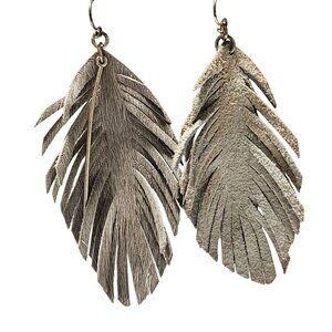 Handmade Faux Leather Feather Dangle Earrings Gold Toned Boho Fashion Jewelry